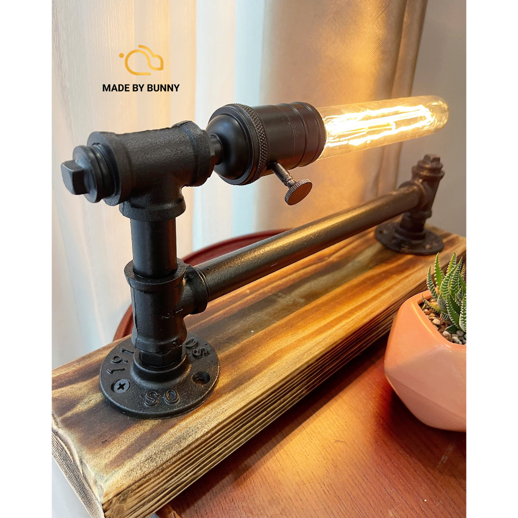 Đèn Bàn Retro đế Gỗ phong cách vingtage - Đèn decor phòng ngủ, phòng khách - Đèn ống nước bóng Edison điều chỉnh sáng