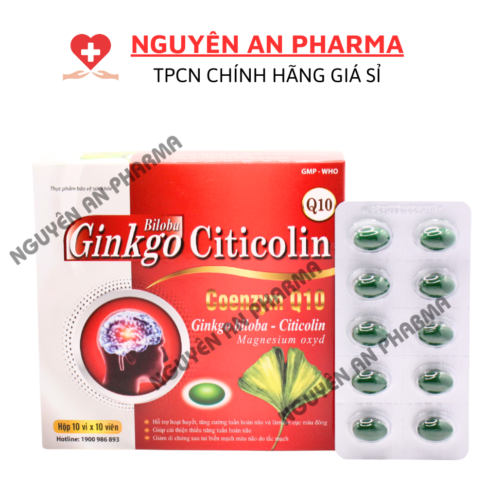 Viên uống bổ não hoạt huyết dưỡng não GINKGO CITICOLIN Q10 ginkgo biloba giảm đau đầu, giúp ngủ ngon - Hộp 100 viên