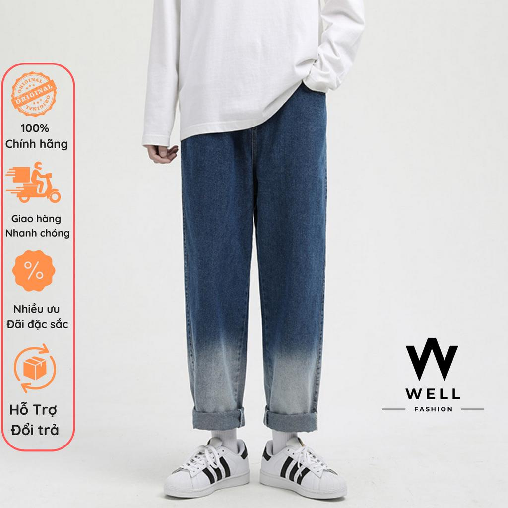 Quần jean ống rộng,quần jean baggy,quần bò nam xanh loang dáng đứng vải jeans cao cấp-well