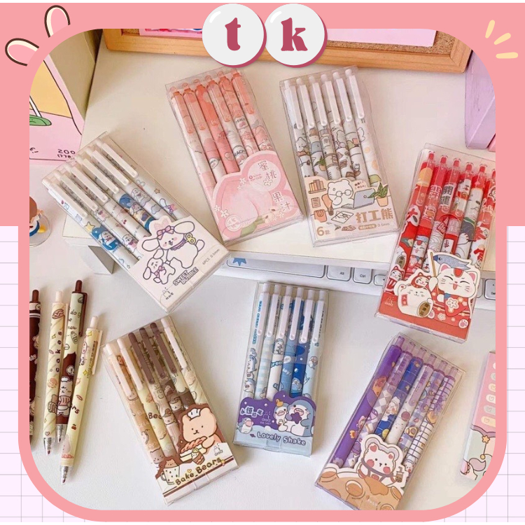Set Hộp 6 Bút Bi Sịn Xò Viết Mượt 0.5mm Nhiều Mẫu Họa Tiết Cute (Mực Đen)