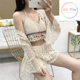 Set  Bikini Len Móc Cao Cấp, Đồ Bơi Nữ, Bra Len Móc Họa Tiết Thổ Cẩm Nhiều Màu, Hottrend 2023 Bra Cột Dây Freesize (10)