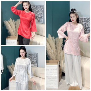 Set Đồ Lam Đi Chùa Áo Bà Ba Cổ Tròn Gấm Quần Dài Chất Lụa Latin Cao Cấp Freesize