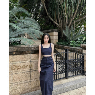 Set crop 2s denim bo thun lưng chân váy midi