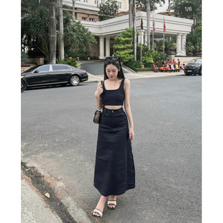SET CROP 2S DENIM BO THUN LƯNG CHÂN VÁY MIDI