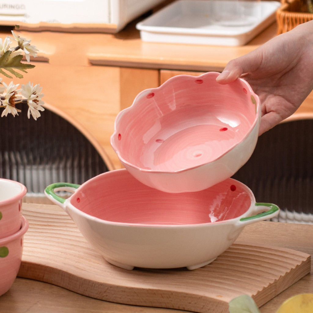 Bát đĩa decor, Chén dĩa dễ thương, Bát ăn cơm tim dâu hồng siêu xinh