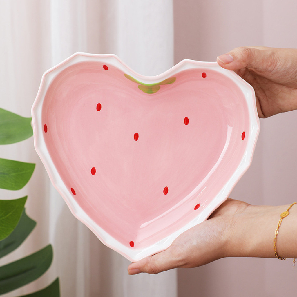 Bát đĩa decor, Chén dĩa dễ thương, Bát ăn cơm tim dâu hồng siêu xinh