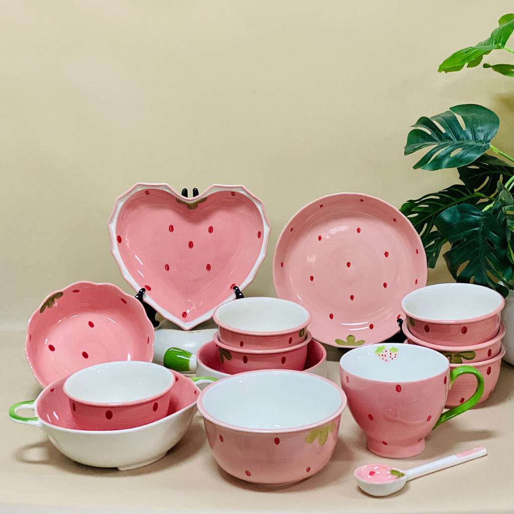 Bát đĩa decor, Chén dĩa dễ thương, Bát ăn cơm tim dâu hồng siêu xinh