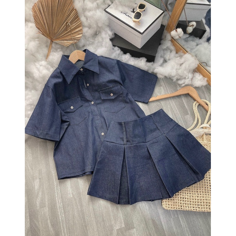 SET SƠ MI JEAN TÚI + CHÂN VÁY XẾP XOÈ - Hàng Có Sẵn
