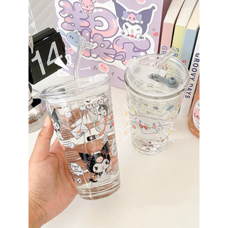 Set Cốc Ly Thủy Tinh Uống Nước Cafe Hoạt Hình Dễ Thương (Cốc, Nắp, Ống Hút, Nút Bịt Ống)