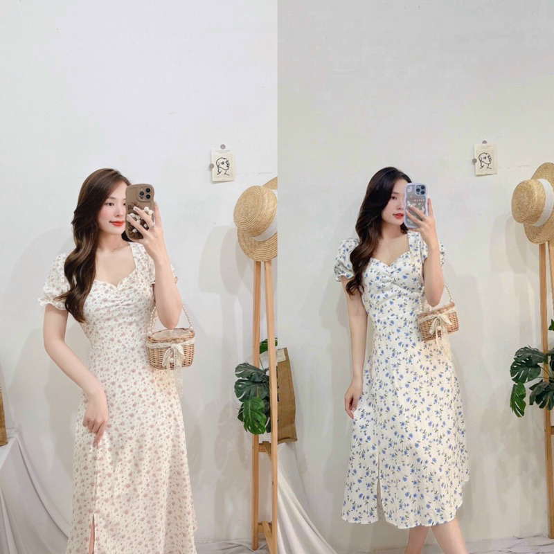 Váy Hoa Nhí Dáng Dài Nhíu Ngực Siêu Xinh