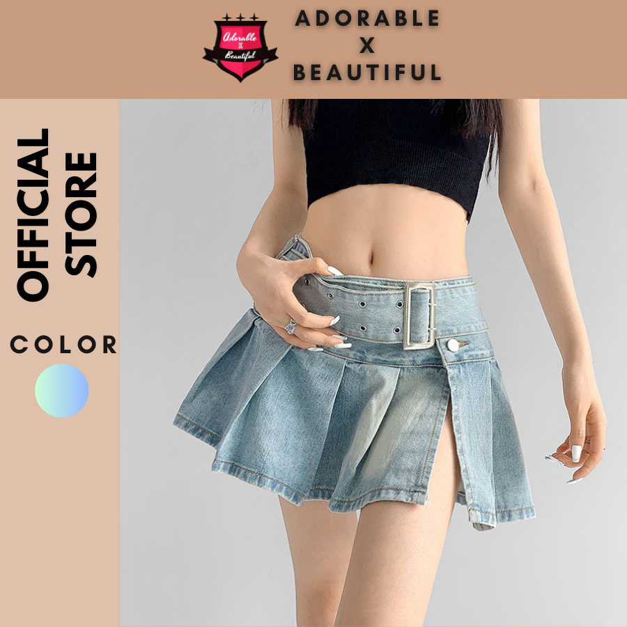 Chân Váy Jean Nữ Y2K Xếp Ly Tặng Kèm Thắt Lưng, Váy Ngắn Bò Không Lót Ulzzang Xanh Nhạt [AdorablexBeautiful]