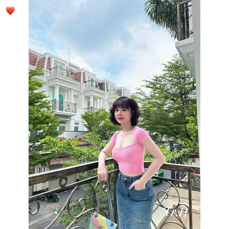 Áo thun nữ chất thun gân tay ngắn dáng ngắn croptop kiểu cổ vuông xinh xắn