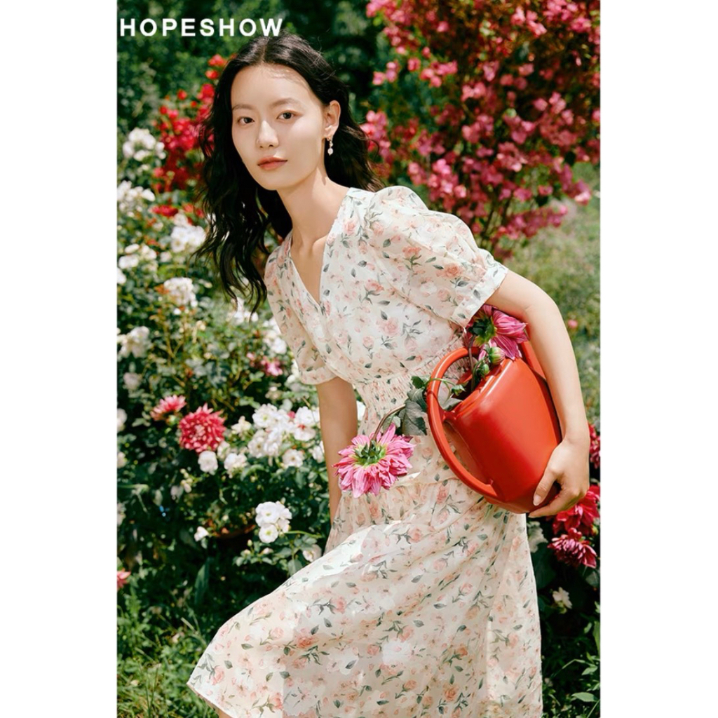 Z504 Váy hoa cổ V xuất dư của HOPESHOW