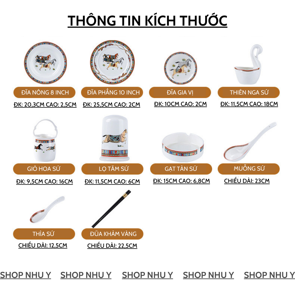 Bộ bát đĩa sứ xương Hermess 60 món, bộ chén đĩa sứ decor phong cách Phương Đông…