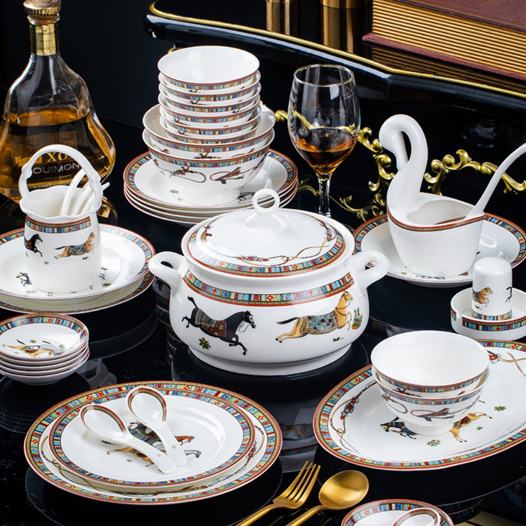 Bộ bát đĩa sứ xương Hermess 60 món, bộ chén đĩa sứ decor phong cách Phương Đông…