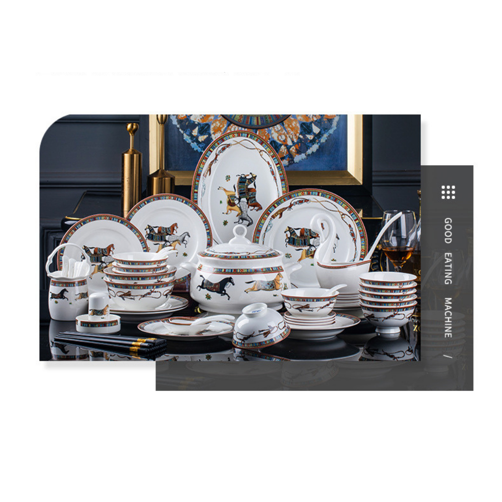 Bộ bát đĩa sứ xương Hermess 60 món, bộ chén đĩa sứ decor phong cách Phương Đông…