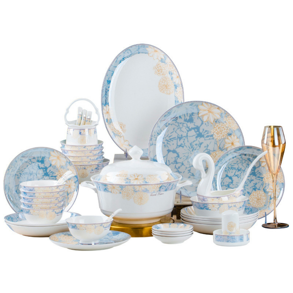 Bộ bát đĩa sứ xương Time Walk 60 món cao cấp, bộ chén đĩa sứ decor họa tiết hoa văn sang trọng - Gốm Sứ Như Ý