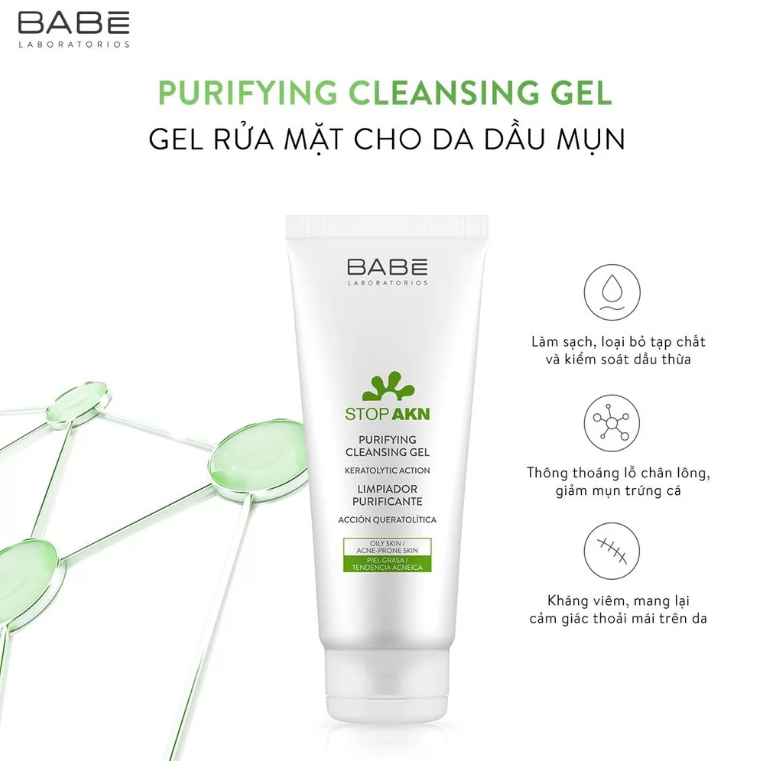 Sữa rửa mặt BABE Stop Akn Purifying Cleansing gel cho da dầu mụn 200ml