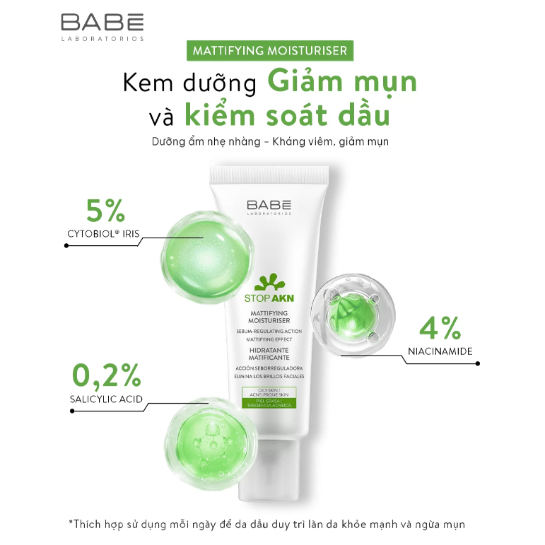 Kem dưỡng BABÉ Stop AKN Mattifying Moisturiser 50ml cho da dầu mụn