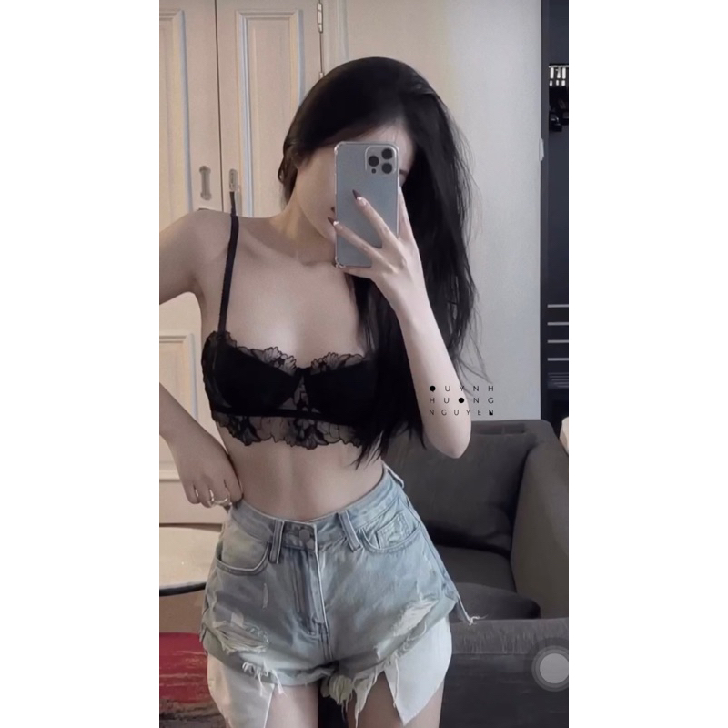 Set bra ren hoa thêu nhập khẩu cao cấp có gọng màu đen