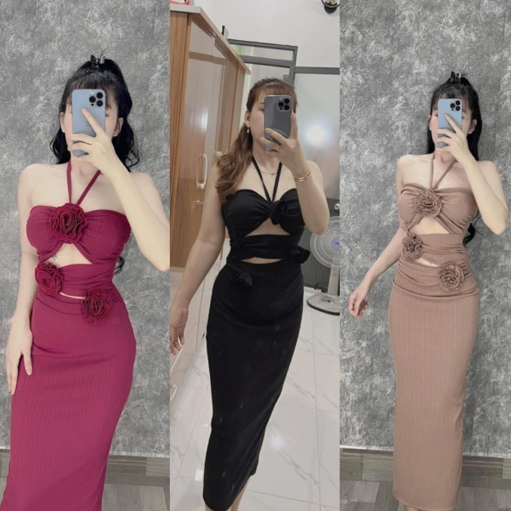 đầm ống yếm nhúm ngực đính 3 hoa hồng xinh chất gân dáng dài