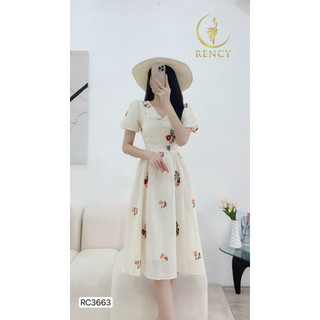 Đầm xốp hoa cổ v phối nút bọc dáng dài khoét vai nữ tính