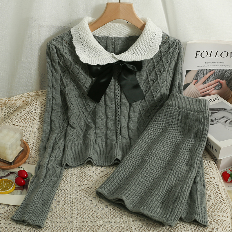 Set váy tiểu thư áo nơ croptop mix chân váy len dệt kim thanh lịch