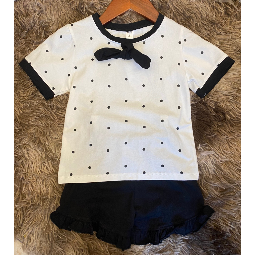 Set Áo Trắng Chấm Bi Cổ Nơ Đen Cho Bé BƯỞI KIDS