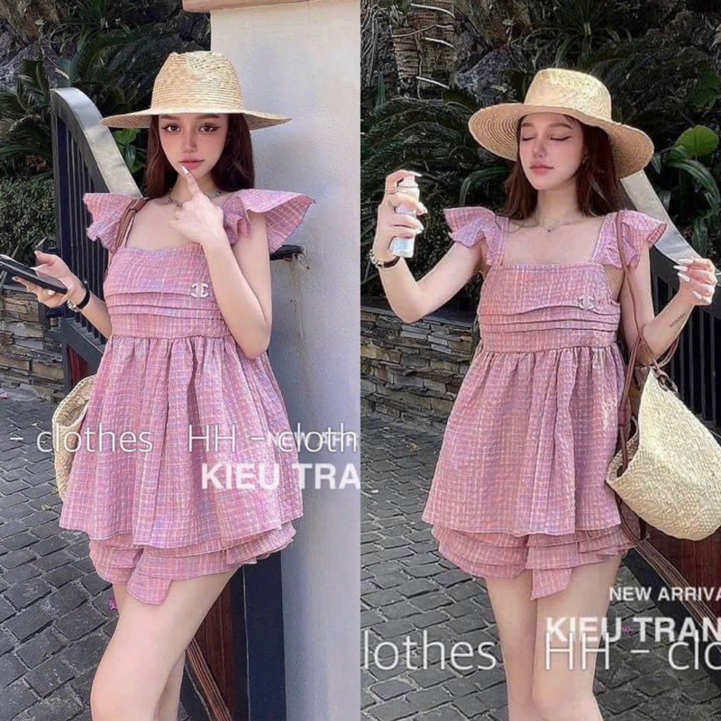 Set Bộ Tằm 2 Line  Thiết Kế QC Áo Cánh Tiên Babidoll Kèm Phụ Kiện Chaneo + Quần Short Đùi Loe 2 Lớp