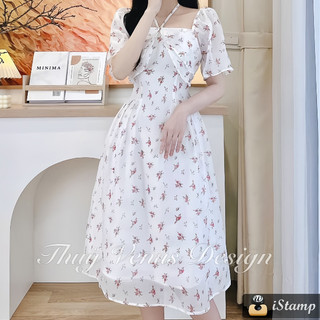 Đầm hoa nhí dáng dài cổ vuông thiết kế 2 lớp