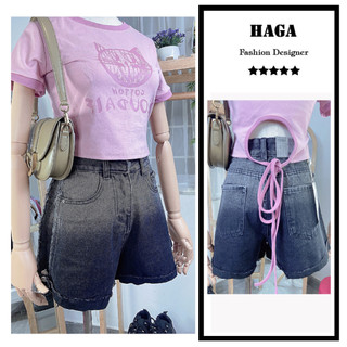 Quần short Jean nữ cạp cao quần bò loang ống rộng QB801