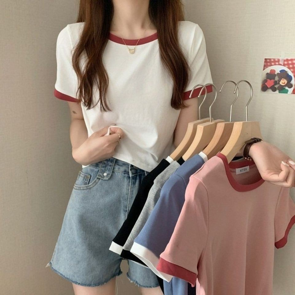 Áo Thun Nữ Cổ màu đặc Tròn Hai Màu cạnh sọc thiếu niên quần áo đẹp