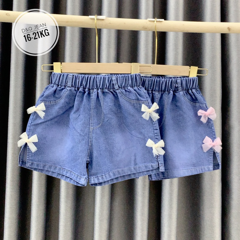 (jean baby) quần sooc jean đùi gắn nơ cho bé gái vải mềm đẹp(16-23kg)