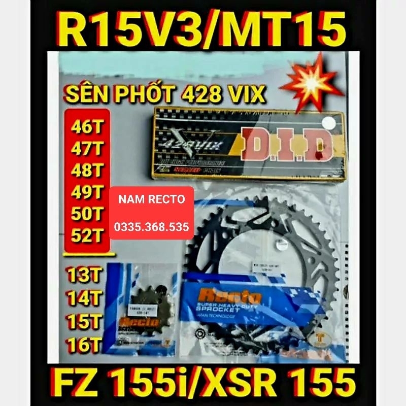 NHÔNG SÊN DĨA R15V3/MT15/FZ 155i/XSR 155 46T 47T 48T 49T 50T 52T SÊN PHỐT TFX/DID 428 VIX BAO BÌ MỚI CHÍNH HÃNG >>>