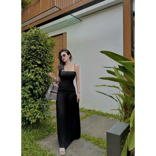 váy maxi thun xoắn lưng 2 màu đen nâu có đệm ngực