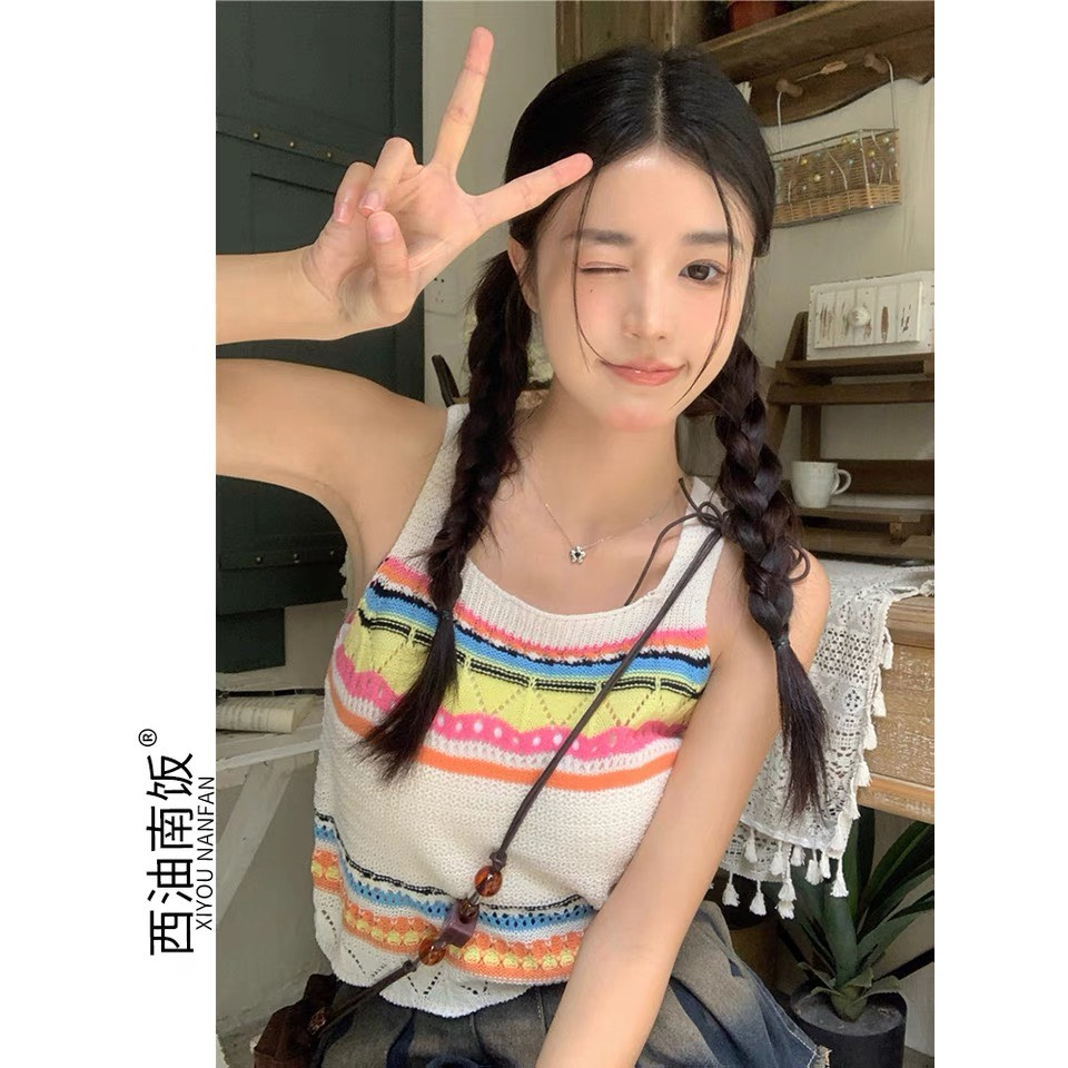 Áo tank top dáng xuông thiết kế hai dây họa tiết sọc ngang ALEN 902