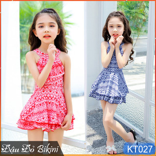 Đồ bơi liền thân cho bé gái, có size lớn, họa tiết thổ cẩm đẹp, dáng váy xòe quần sooc đùi rời phía trong dễ mặc | KT027