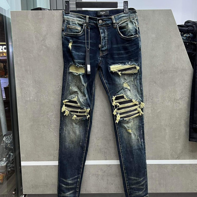 Quần Like_Auth AMIRI Xanh Vá Da Nhăn Bản Chuẩn 4 Khuy - Quần bò nam Amiri slimfit 4 cúc bản like_Au xanh sẫm