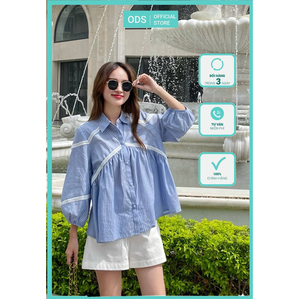 Áo cổ sơ mi ODS thiết kế, nhún thân, tay phồng lỡ, thời trang, trẻ trung - BS8