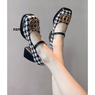 Giày cao gót nữ đế độn cao 9p hoạ tiết caro