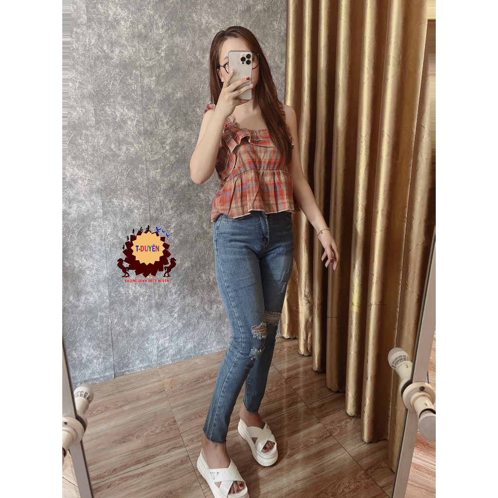Quần jean nữ dài lưng cao RÁCH XANH NHẠT 1044 hình thật tôn dáng có size đại big size đến size 34 khoảng 70kg 1044H