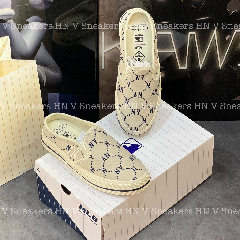 Dép Sục MLB Mùa Hè Nâu Slip On Dia Monogram New York Beige Giày Đạp Gót Lai Auth