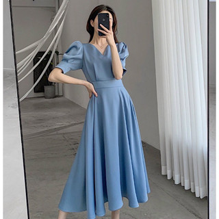 Đầm midi xanh xoè form dài tay bo