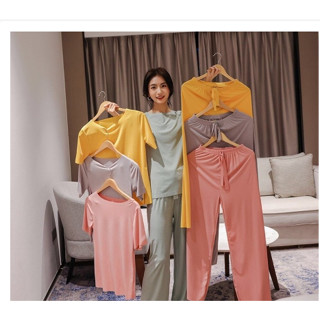 Mẫu mới - Bộ đồ mặc nhà áo cộc quần dài ống rộng mềm mát