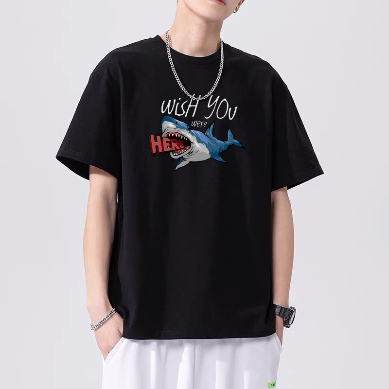 Áo thun unisex form rộng tay lỡ nam nữ in hình Cá mập Wish You chất vải cotton65 mềm mịn