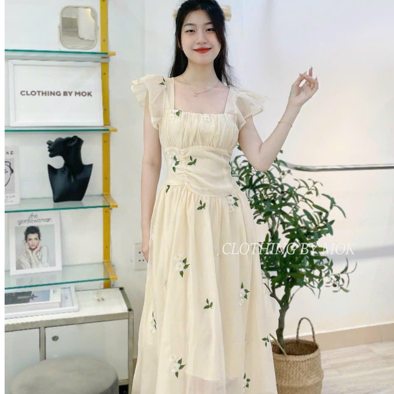 Đầm váy nữ maxi tay bèo cổ vuông dáng xòe thiết kế vải voan 2 lớp có kèm mút dịu dàng nữ tính