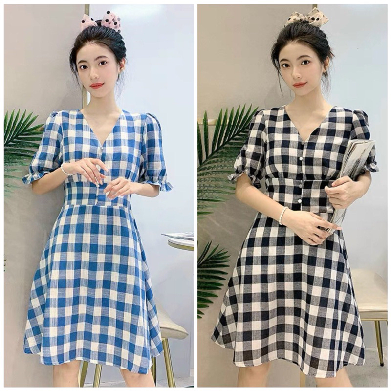 Đầm caro cổ V nút bọc 2 màu (kèm hình thật)