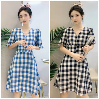 Đầm caro cổ V nút bọc 2 màu