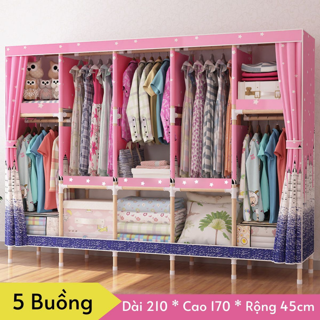 Tủ vải khung gỗ 5 buồng cao cấp, tủ vải đựng quần áo chất liệu 100% gỗ tự nhiên siêu chắc chắn, chịu lực tốt