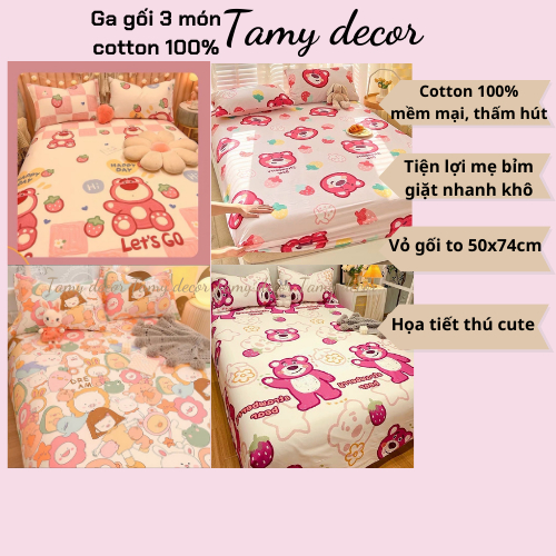 BST2 Bộ Ga Gối 3 Món Cotton 100% Tamy Decor Hình Con Vật Sóc Gấu Thỏ Lợn Mềm Mại Mát Mẻ Thấm Hút Mồ Hôi Không Chăn